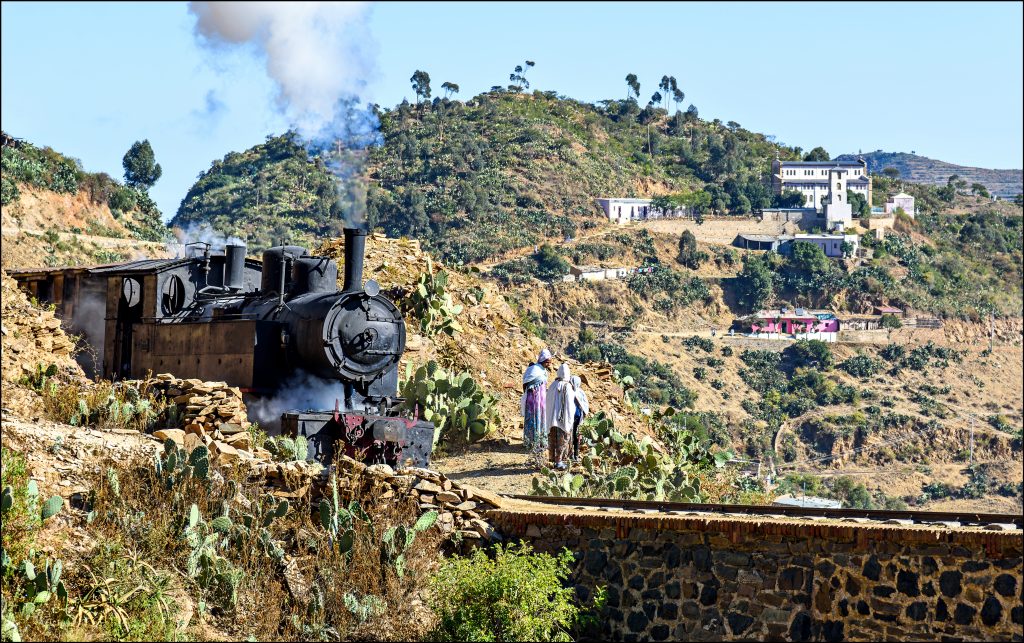 Steam, engine, church, shigirni, eritrea, hills, churchgoers