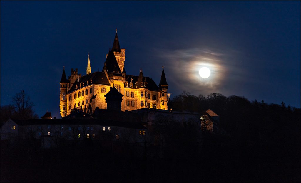 Castle, night, moon, lights