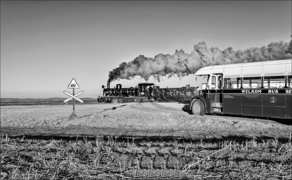 Steam Engine, Class NG15, Bus, Railway Crossing Sign, Field, Gravel Road.